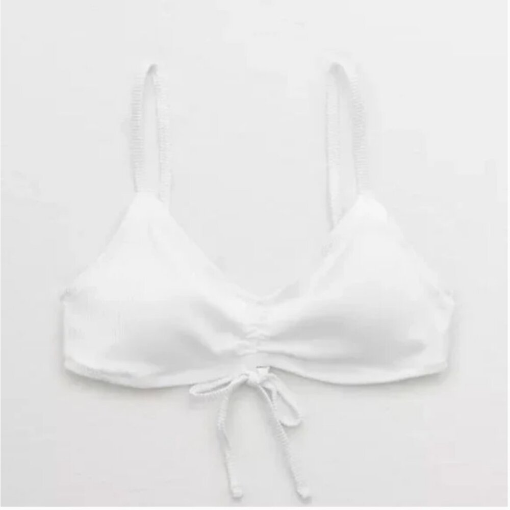 aerie v scoop ribbed white bikini swim top tie ruched cinch bow xs women ruched